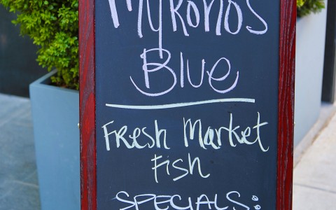 Mykonos Blue dinner specials board 